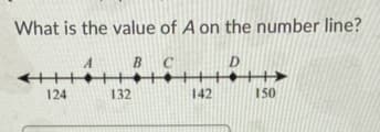 What is the value of A on the number line?
A BC
124 132
142
150
