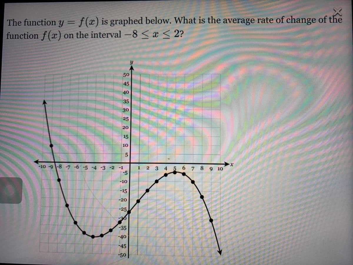 The function y = f(x) is graphed below. What is the average rate of change of the
function f (x) on the interval -8 <x < 2?
50
45
40
35
30
25
20
15
10
5.
-10 -9-8 -7 -6-5 -4 -3 -2 -1
-5
2 3 4 5 6 7 8 9 10
1
-10
-15
-20
-25
-35
-40
-45
-50

