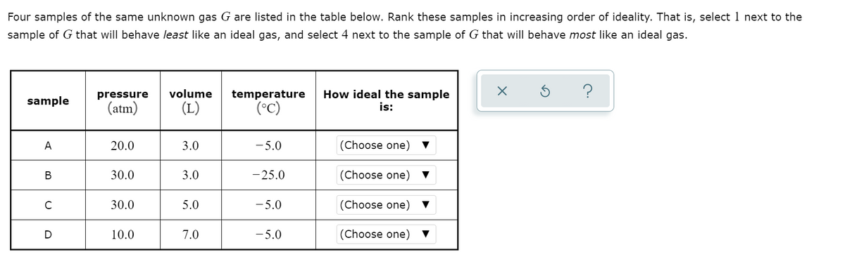 Four samples of the same unknown gas G are listed in the table below. Rank these samples in increasing order of ideality. That is, select 1 next to the
sample of G that will behave least like an ideal gas, and select 4 next to the sample of G that will behave most like an ideal gas.
?
How ideal the sample
is:
pressure
volume
temperature
sample
(atm)
(L)
(°C)
A
20.0
3.0
-5.0
|(Choose one) ▼
30.0
3.0
-25.0
(Choose one)
30.0
5.0
-5.0
|(Choose one)
D
10.0
7.0
-5.0
(Choose one)
