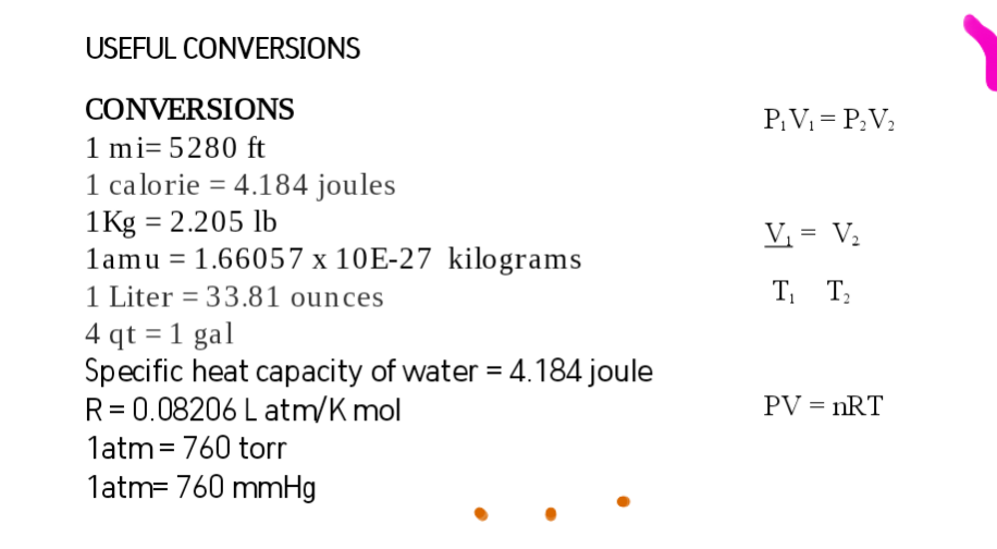 USEFUL CONVERSIONS
CONVERSIONS
P.V = P:V:
1 mi= 5280 ft
1 calorie = 4.184 joules
1Kg = 2.205 lb
lamu = 1.66057 x 10E-27 kilograms
1 Liter = 33.81 ounces
V, = V2
T T;
4 qt = 1 gal
Specific heat capacity of water = 4.184 joule
R= 0.08206 L atm/K mol
PV = nRT
latm= 760 torr
1atm= 760 mmHg
