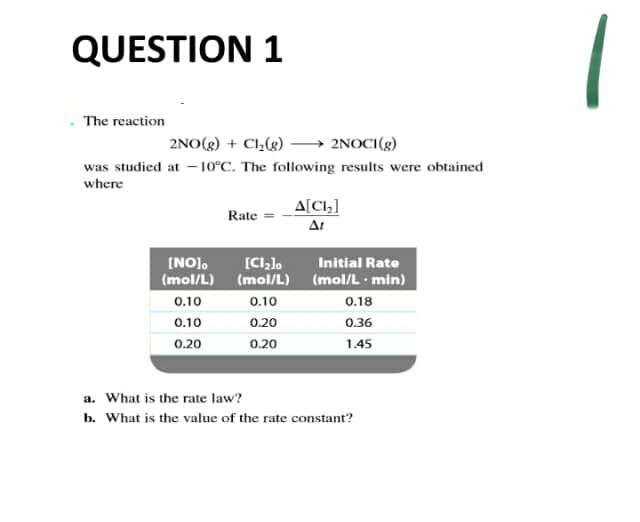 QUESTION 1
The reaction
2NO(g) + Ch(8) –→ 2NOCI(g)
was studied at -10°C. The following results were obtained
where
A[CI]
At
Rate
[NO).
[CI,]o
Initial Rate
(mol/L) (mol/L) (mol/L - min)
0.10
0.10
0.18
0.10
0.20
0.36
0.20
0.20
1.45
a. What is the rate law?
b. What is the value of the rate constant?
