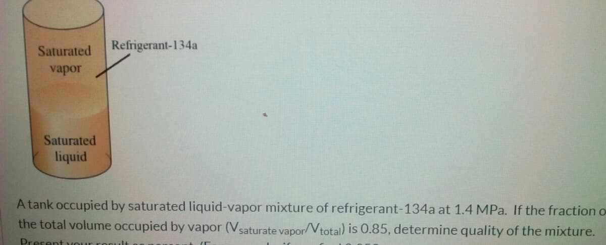 Saturated
Refrigerant-134a
vapor
Saturated
liquid
A tank occupied by saturated liquid-vapor mixture of refrigerant-134a at 1.4 MPa. If the fraction o
the total volume occupied by vapor (Vsaturate vapor/Vtotal) is 0.85, determine quality of the mixture.
Present vour rogu
