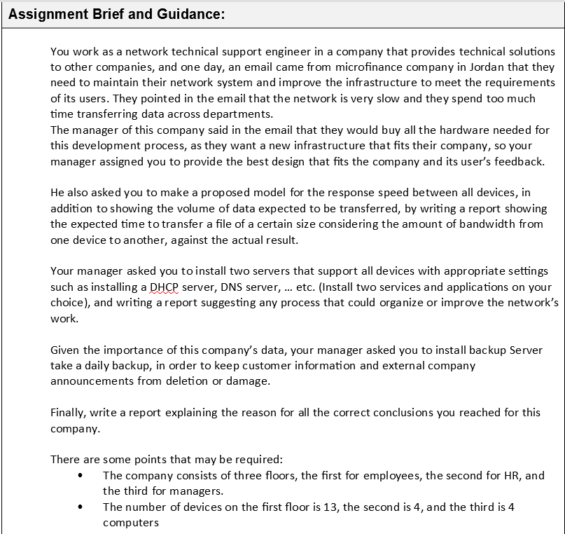 Assignment Brief and Guidance:
You work as a network technical support engineer in a company that provides technical solutions
to other companies, and one day, an email came from microfinance company in Jordan that they
need to maintain their network system and improve the infrastructure to meet the requirements
of its users. They pointed in the email that the network is very slow and they spend too much
time transferring data across departments.
The manager of this company said in the email that they would buy all the hardware needed for
this development process, as they want a new infrastructure that fits their company, so your
manager assigned you to provide the best design that fits the company and its user's feedback.
He also asked you to make a proposed model for the response speed between all devices, in
addition to showing the volume of data expected to be transferred, by writing a report showing
the expected time to transfer a file of a certain size considering the amount of bandwidth from
one device to another, against the actual result.
Your manager asked you to install two servers that support all devices with appropriate settings
such as installing a DHCP server, DNS server, . etc. (Install two services and applications on your
choice), and writing a report suggesting any process that could organize or improve the network's
...
work.
Given the importance of this company's data, your manager asked you to install backup Server
take a daily backup, in order to keep customer information and external company
announcements from deletion or damage.
Finally, write a report explaining the reason for all the correct conclusions you reached for this
company.
There are some points that may be required:
The company consists of three floors, the first for employees, the second for HR, and
the third for managers.
The number of devices on the first floor is 13, the second is 4, and the third is 4
computers
