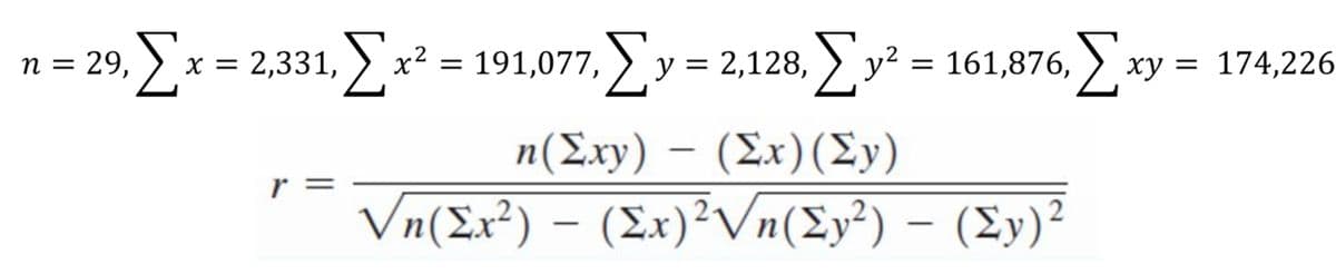 = 29, ) x = 2,331, ).
Σ
x² = 191,077, y = 2,128, y? = 161,876, ).
n
xy = 174,226
n (Σxy) -(Σx) (Σy)
Vn(Ex²) – (Ex)²Vn(Ey²) – (Ey)²
r =
|

