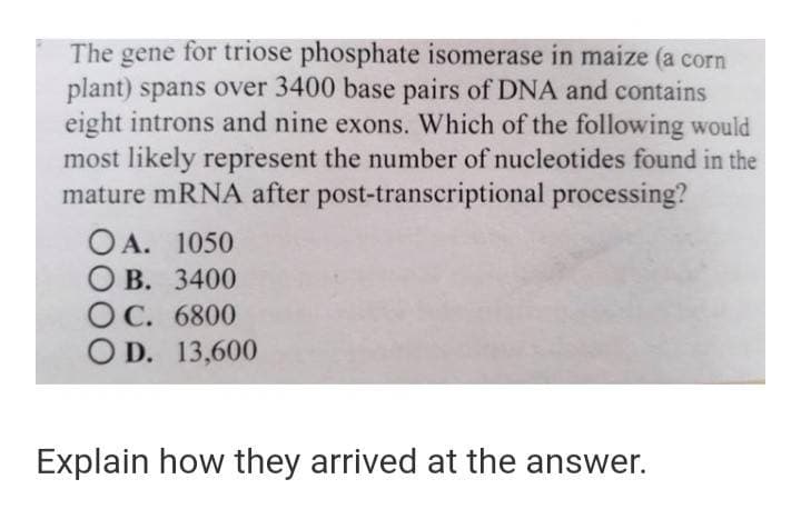 The gene for triose phosphate isomerase in maize (a corn
plant) spans over 3400 base pairs of DNA and contains
eight introns and nine exons. Which of the following would
most likely represent the number of nucleotides found in the
mature mRNA after post-transcriptional processing?
OA. 1050
В. 3400
ОС. 6800
O D. 13,600
Explain how they arrived at the answer.
