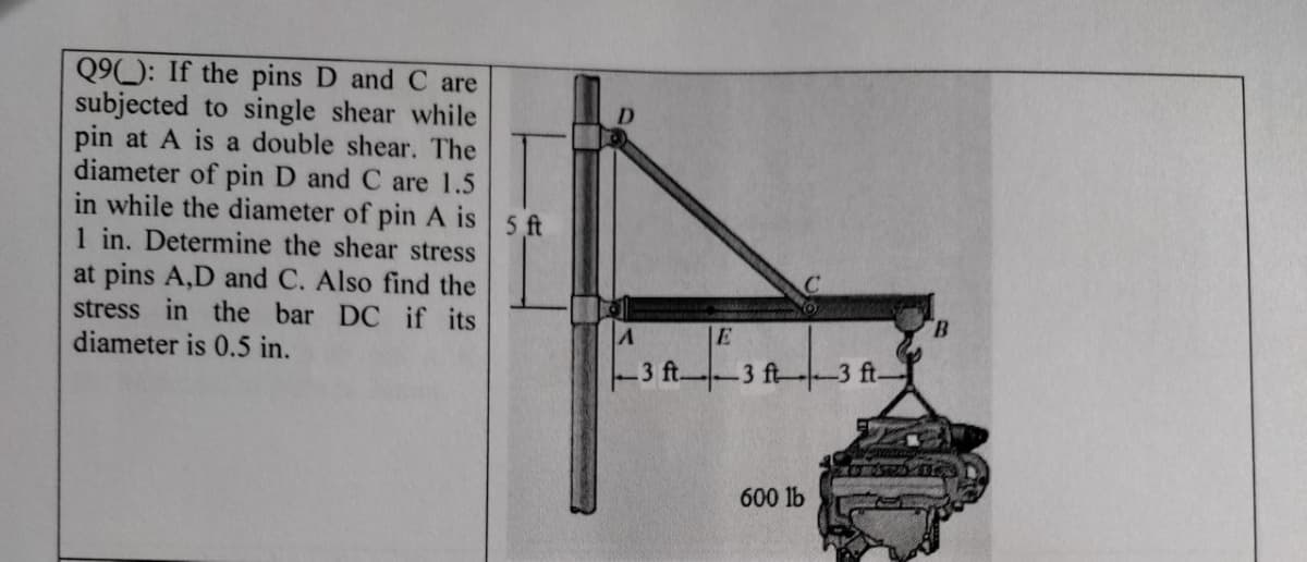 Q9): If the pins D and C are
subjected to single shear while
pin at A is a double shear. The
diameter of pin D and C are 1.5
in while the diameter of pin A is
1 in. Determine the shear stress
at pins A,D and C. Also find the
stress in the bar DC if its
diameter is 0.5 in.
5 ft
B.
|E
-3 ft 3 ft--3 ft-
600 lb
