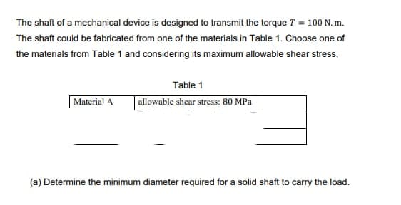 The shaft of a mechanical device is designed to transmit the torque T = 100 N. m.
The shaft could be fabricated from one of the materials in Table 1. Choose one of
the materials from Table 1 and considering its maximum allowable shear stress,
Table 1
Material A
allowable shear stress: 80 MPa
(a) Determine the minimum diameter required for a solid shaft to carry the load.