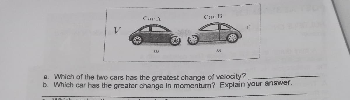 Car A
Car B
a. Which of the two cars has the greatest change of velocity?
b. Which car has the greater change in momentum? Explain your answer.
