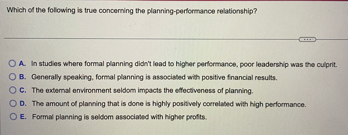 Which of the following is true concerning the planning-performance relationship?
OA. In studies where formal planning didn't lead to higher performance, poor leadership was the culprit.
OB. Generally speaking, formal planning is associated with positive financial results.
OC. The external environment seldom impacts the effectiveness of planning.
D. The amount of planning that is done is highly positively correlated with high performance.
OE. Formal planning is seldom associated with higher profits.