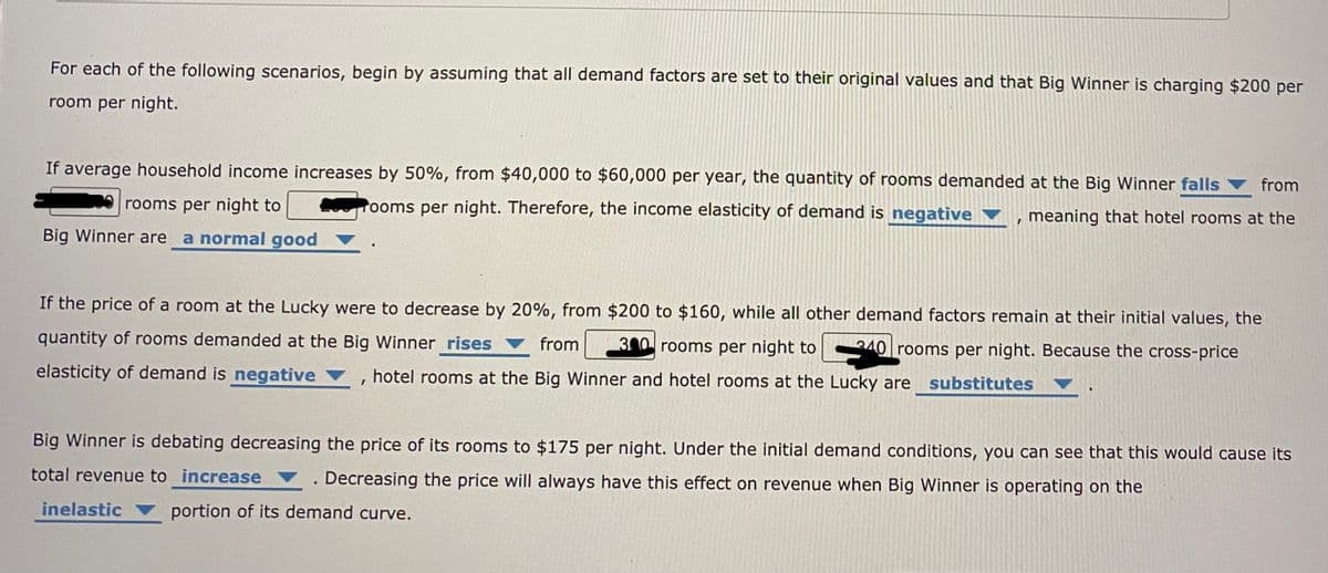 For each of the following scenarios, begin by assuming that all demand factors are set to their original values and that Big Winner is charging $200 per
room per night.
If average household income increases by 50%, from $40,000 to $60,000 per year, the quantity of rooms demanded at the Big Winner falls ▼ from
rooms per night to
Pooms per night. Therefore, the income elasticity of demand is negative ▼ , meaning that hotel rooms at the
Big Winner are a normal good
If the price of a room at the Lucky were to decrease by 20%, from $200 to $160, while all other demand factors remain at their initial values, the
quantity of rooms demanded at the Big Winner rises
300 rooms per night to
from
240 rooms per night. Because the cross-price
elasticity of demand is negative
hotel rooms at the Big Winner and hotel rooms at the Lucky are
substitutes ▼
Big Winner is debating decreasing the price of its rooms to $175 per night. Under the initial demand conditions, you can see that this would cause its
total revenue to increase
Decreasing the price will always have this effect on revenue when Big Winner is operating on the
inelastic
portion of its demand curve.
