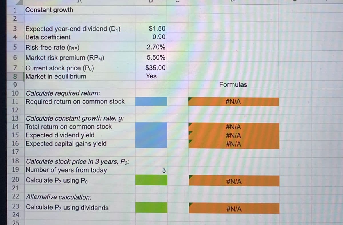 1
2
Constant growth
3
4 Beta coefficient
Expected year-end dividend (D₁)
5 Risk-free rate (TRF)
6
7
8
9
10
Market risk premium (RPM)
Current stock price (Po)
Market in equilibrium
Calculate required return:
11 Required return on common stock
12
13 Calculate constant growth rate, g:
14 Total return on common stock
15 Expected dividend yield
16
17
23
24
25
Expected capital gains yield
18 Calculate stock price in 3 years, P3:
19 Number of years from today
Calculate P3 using Po
20
21
22 Alternative calculation:
Calculate P3 using dividends
$1.50
0.90
2.70%
5.50%
$35.00
Yes
3
(
Formulas
#N/A
#N/A
#N/A
#N/A
#N/A
#N/A