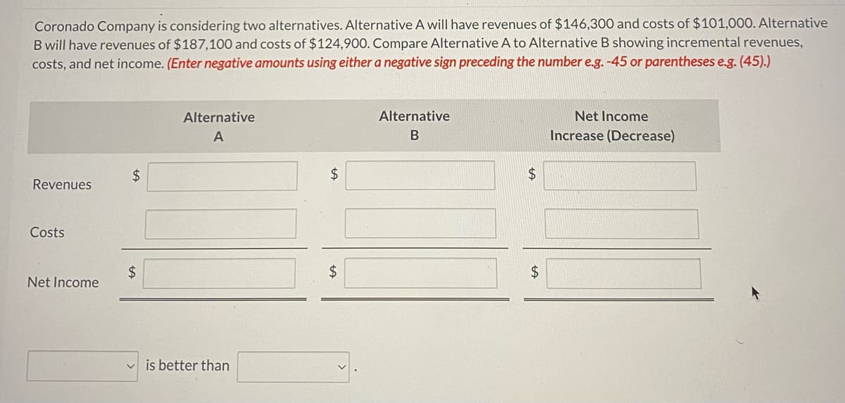 Coronado Company is considering two alternatives. Alternative A will have revenues of $146,300 and costs of $101,000. Alternative
B will have revenues of $187,100 and costs of $124,900. Compare Alternative A to Alternative B showing incremental revenues,
costs, and net income. (Enter negative amounts using either a negative sign preceding the number e.g. -45 or parentheses e.g. (45).)
Alternative
A
Alternative
B
Net Income
Increase (Decrease)
$
$
Revenues
Costs
$
Net Income
$
is better than
$
$