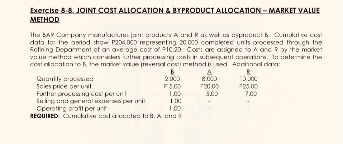 Exercise 8-8. JOINT COST ALLOCATION & BYPRODUCT ALLOCATION - MARKET VALUE
МЕТHOD
The BAR Company manufactures joint products A and R as well as byproduct B. Cumulative cost
data for the period show P204,000 representing 20,000 completed units processed through the
Refining Department at an average cost of P10.20. Costs are assigned to A and R by the market
value method which considers further processing costs in subsequent operations. To determine the
cost allocation to B, the market value (reversal cost) method is used. Additional data:
В
2,000
P 5.00
A
8,000
P20.00
R
10,000
P25.00
Quantity processed
Sales price per unit
Further processing cost per unit
Selling and general expenses per unit
Operating profit per unit
REQUIRED: Cumulative cost allocated to B, A, and R
1.00
5.00
7.00
1.00
1.00
