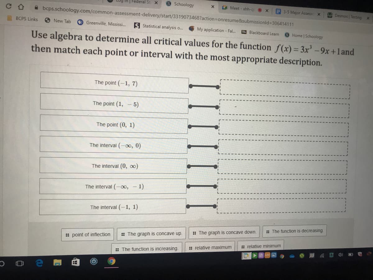 9 Schoology
A bcps.schoology.com/common-assessment-delivery/start/3319073468?action3onresume&submissionld=306414111
Federal St X
LA Meet - xhh-qe
E 3-5 Major Assess x
Desmos | Testing
BCPS Links
New Tab
O Greenville, Mississi.
S Statistical analysis o.
My application - Fal.
B Blackboard Learn
6 Home | Schoology
Use algebra to determine all critical values for the function f(x)= 3x-9x +land
then match each point or interval with the most appropriate description.
The point (-1, 7)
The point (1, - 5)
The point (0, 1)
The interval
-оо, 0)
The interval (0, o)
The interval (-o, - 1)
The interval (-1, 1)
: The function is decreasing.
: The graph is concave down.
:: The graph is concave up.
: point of inflection
:: relative minimum
:: relative maximum
:: The function is increasing.
