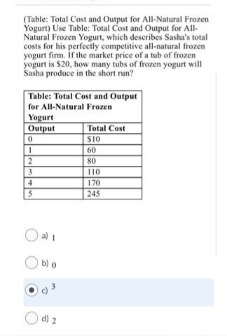 (Table: Total Cost and Output for All-Natural Frozen
Yogurt) Use Table: Total Cost and Output for All-
Natural Frozen Yogurt, which describes Sasha's total
costs for his perfectly competitive all-natural frozen
yogurt firm. İf the market price of a tub of frozen
yogurt is $20, how many tubs of frozen yogurt will
Sasha produce in the short run?
Table: Total Cost and Output
for All-Natural Frozen
Yogurt
Output
Total Cost
$10
60
80
3
110
4
170
5
245
O a) 1
b) o
d) 2
