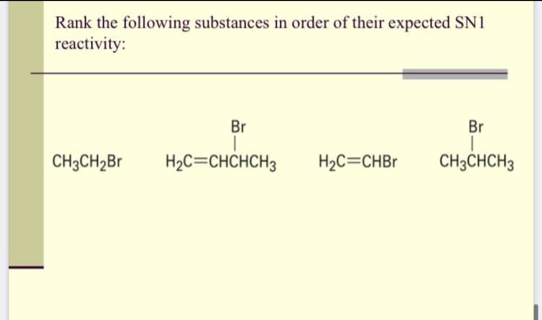 Rank the following substances in order of their expected SN1
reactivity:
Br
Br
CH,CH,Br H,C=CHCHCH,
H2C=CHB
H2C=CHCHCH3
CH3CHCH3
