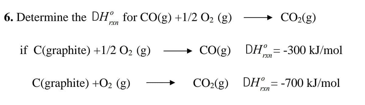 6. Determine the DH° for CO(g) +1/2 O2 (g)
CO2(g)
rxn
if C(graphite) +1/2 O2 (g)
→ CO(g) DH° = -300 kJ/mol
rxn
C(graphite) +O2 (g)
CO2(g) DH° = -700 kJ/mol
rxn
