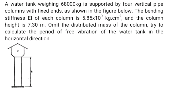 A water tank weighing 68000kg is supported by four vertical pipe
columns with fixed ends, as shown in the figure below. The bending
stiffness El of each column is 5.85x10° kg.cm?, and the column
height is 7.30 m. Omit the distributed mass of the column, try to
calculate the period of free vibration of the water tank in the
horizontal direction.
