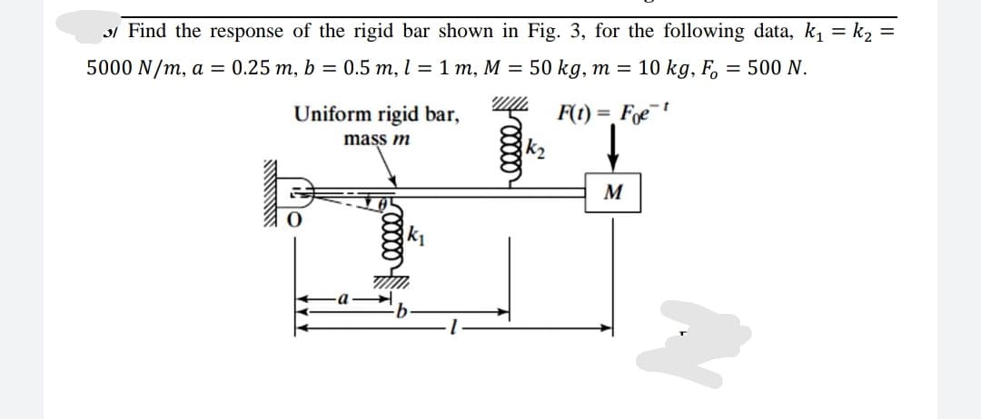 ol Find the response of the rigid bar shown in Fig. 3, for the following data, k, = k2 =
%3D
5000 N/m, a = 0.25 m, b = 0.5 m, l = 1 m, M = 50 kg, m = 10 kg, F, = 500 N.
