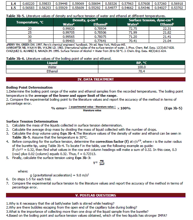 1.4
0.60220
0.59833
0.59448
0.59069
0.58694
0.58326
0.57963
0.57608
0.57260
0.56918
1.5
0.56583
0.56253
0.55929
0.55609
0.55292
0.54977
0.54662
0.54346
0.54027
0.53702
Table 3b-5. Literature values of density and surface tension of water and ethanol at different temperatures.
Surface tension, dyne-cm1
Ethanol
Density, g-cm
Temperature, °C
Water
Ethanol
Water
0.99820
0.99705
0.99565
20
0.78934
72.75
22.31
71.99
71.20
25
0.78506
21.82
21.41
30
0.78075
0.77641
35
0.99403
70.41
21.04
aPERRY RH, GREEN DW. 1997. Pery's chemical engineers' handbook. 7th ed. New York, McGraw-Hill.
ÞVARGAFTIK NB, VOLKOV BN, VOLJAK LD. 1983. Intermational tables of the surface tension of water. J. Phys. Chem. Ref. Data. 12(3):817-820.
CVAZQUEZ G, ALVAREZ E, NAVAZA JM. 1995. Surface Tension of Alcohol + Water from 20 to 50 °C. J. Chem. Eng. Data. 40(3):611-614.
Table 3b-6. Literature values of the boiling point of water and ethanol.
Liquid
BP, °C
100.0
Water
Ethanol
78.4
IV. DATA TREATMENT
Boiling Point Determination
1.Determine the boiling point range of the water and ethanol samples from the recorded temperatures. The boiling point
temperature is the average of the lower and upper limit of the range.
2. Compare the experimental boiling point to the literature values and report the accuracy of the method in terms of
percentage error.
0% error= Texperimental value - literature value |x 100%
(Eqn 3b-5)
literature value
Surface Tension Determination
1. Calculate the mass of the liquids collected in surface tension determination.
2. Calculate the average drop mass by dividing the mass of liquid collected with the number of drops.
3. Calculate the drop volume using Egn 3b-4.The literature values of the density of water and ethanol can be seen in
Table 3b-5. Assume that the temperature is 30°C.
4. Before computing for the surface tension, determine the correction factor (f) at r/v3, where r is the outer radius
of the burette tip, using Table 3b-4. To locate f in the table, use the following example as guide:
If r/v3 = 0.32, then find what values in the row and column headings will make a sum of 0.32. In this case, 0.3
(row) plus 0.02 (column) equals 0.32. Thus, f = 0.72313.
5. Finally, calculate the surface tension using Egn 3b-3:
mg
Y=
2nrf
where:
g (gravitational acceleration) = 9.8 m/s?
6. Do steps 1-5 for each trial.
7. Compare the experimental surface tension to the literature values and report the accuracy of the method in terms of
percentage error.
V. POSTLAB QUESTIONS
1.Why is it necessary that the oil bath/water bath is stirred while heating?
2.Why are there bubbles escaping from the open end of the capillary tube during boiling?
3.What is the importance of collecting more than one drop of the liquid sample from the burette?
4.Based on the boiling point and surface tension values obtained, which of the two liquids has stronger IMFA?
