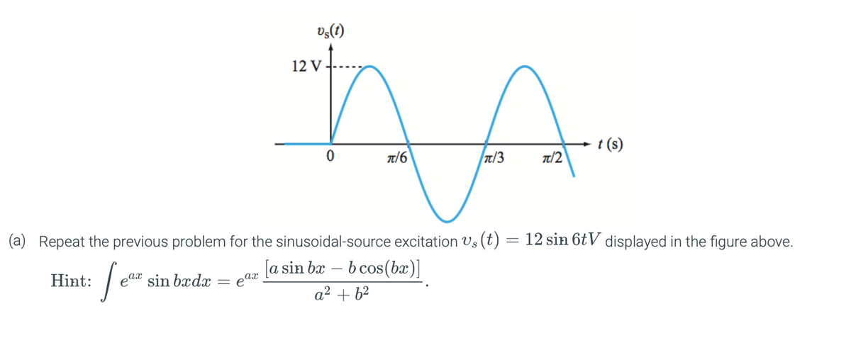 v,(1)
12
t (s)
7/6
T/3
7/2
(a) Repeat the previous problem for the sinusoidal-source excitation Vs (t)
12 sin 6tV displayed in the figure above.
[a sin bæ
b cos(bx)]
Hint:
ax sin bxdx
a² + b²
