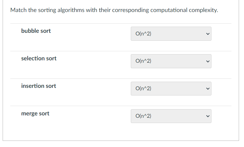Match the sorting algorithms with their corresponding computational complexity.
bubble sort
O(n^2)
selection sort
O(n^2)
insertion sort
O(n^2)
merge sort
O(n^2)
>
>
>
