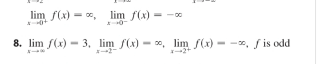 lim f(x) = ∞,
X→0+
lim f(x) =
- O
x→0-
8. lim f(x) = 3, lim f(x) = ∞,
lim f(x) = –∞, f is odd
x→2-
X→2+
