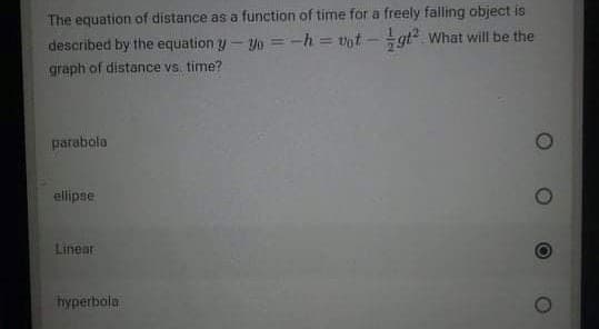 The equation of distance as a function of time for a freely falling object is
described by the equation y- yo =-h = vot -gt What will be the
graph of distance vs. time?
parabolo
ellipse
Linear.
hyperbala
