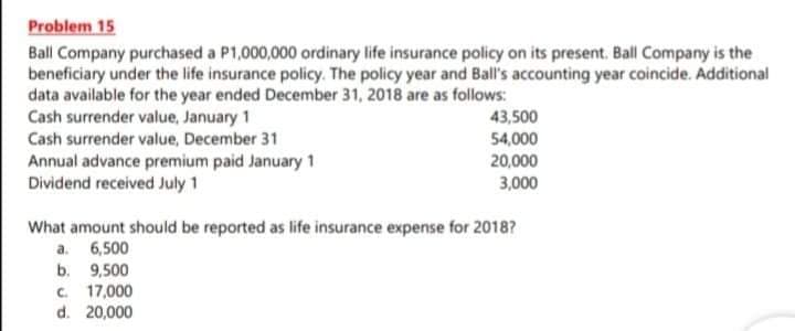 Problem 15
Ball Company purchased a P1,000,000 ordinary life insurance policy on its present. Ball Company is the
beneficiary under the life insurance policy. The policy year and Ball's accounting year coincide. Additional
data available for the year ended December 31, 2018 are as follows:
Cash surrender value, January 1
43,500
54,000
20,000
3,000
Cash surrender value, December 31
Annual advance premium paid January 1
Dividend received July 1
What amount should be reported as life insurance expense for 2018?
a. 6,500
b. 9,500
C. 17,000
d. 20,000
