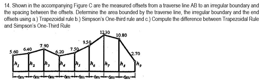 14. Shown in the accompanying Figure C are the measured offsets from a traverse line AB to an irregular boundary and
the spacing between the offsets. Determine the area bounded by the traverse line, the irregular boundary and the end
offsets using a.) Trapezoidal rule b.) Simpson's One-third rule and c.) Compute the difference between Trapezoidal Rule
and Simpson's One-Third Rule
5.60
6.40
7.90
6.20
7.50
950
12.30
10.80
2.70
h₁ h₂ h, h₂ ns
nh₂
ng
am-6m 6m 6m 6m 6m 6m 6m²-
ing