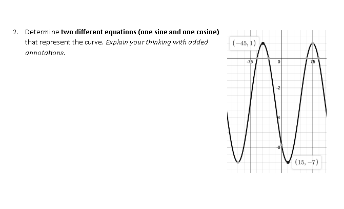 2.
Determine two different equations (one sine and one cosine)
that represent the curve. Explain your thinking with added
(-45, 1)
annotations.
-75
75
(15, -7)
