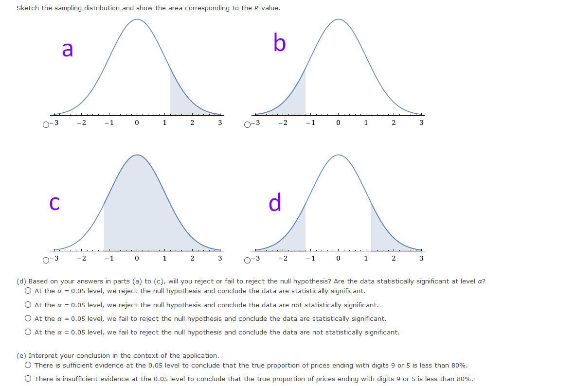 Sketch the sampling distribution and show the area corresponding to the P-value.
b
a
O-3
-2
-1
1.
2
3
O-3
-2
-1
1
2
3
d
-2
-1
3
O-3
-2
-1
1
3
(d) Based on your answers in parts (a) to (c), will you reject or fail to reject the null hypothesis? Are the data statistically significant at level a?
O At the a = 0.05 level, we reject the null hypothesis and conclude the data are statistically significant.
O At the a = 0.05 level, we reject the null hypothesis and conclude the data are not statistically significant.
O At the a = 0.05 level, we fail to reject the null hypothesis and conclude the data are statistically significant.
O At the a = 0.05 level, we fail to reject the null hypothesis and conclude the data are not statistically significant.
(e) Interpret your conclusion in the context of the application.
O There is sufficient evidence at the 0.05 level to conclude that the true proportion of prices ending with digits 9 or 5 is less than 80%.
O There is insufficient evidence at the 0.05 level to conclude that the true proportion of prices ending with digits 9 or 5 is less than 80%.
