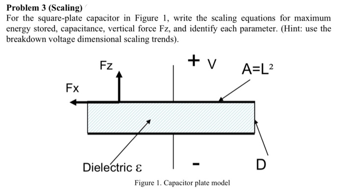 Problem 3 (Scaling)
For the square-plate capacitor in Figure 1, write the scaling equations for maximum
energy stored, capacitance, vertical force Fz, and identify each parameter. (Hint: use the
breakdown voltage dimensional scaling trends).
+ v
Fz
A=L?
Fx
Dielectric ɛ
D
Figure 1. Capacitor plate model
