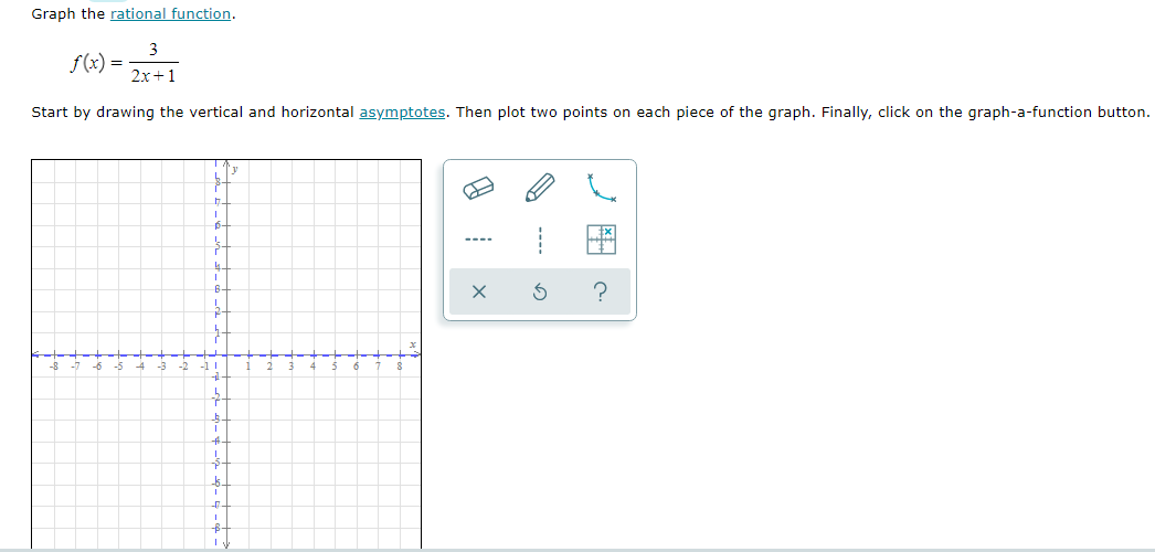3
f(x) =
2x+1
Start by drawing the vertical and horizontal asymptotes. Then plot two points on each piece of the graph. Finally, click on the graph-a-function button.
