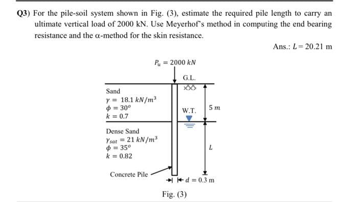 Q3) For the pile-soil system shown in Fig. (3), estimate the required pile length to carry an
ultimate vertical load of 2000 kN. Use Meyerhof's method in computing the end bearing
resistance and the a-method for the skin resistance.
Ans.: L= 20.21 m
Pu = 2000 kN
G.L.
XX
Sand
Y = 18.1 kN/m3
$ = 30°
k = 0.7
5 m
W.T.
Dense Sand
Ysat = 21 kN/m3
$ = 35°
k = 0.82
Concrete Pile
+ + d = 0.3 m
Fig. (3)
