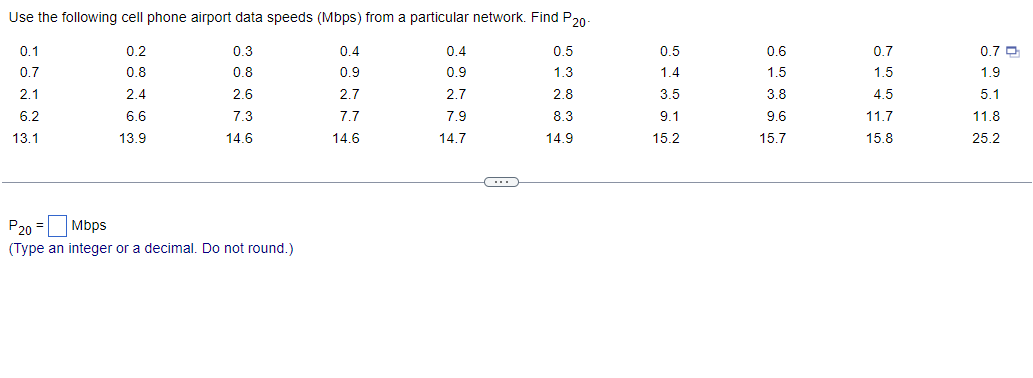 Use the following cell phone airport data speeds (Mbps) from a particular network. Find P20-
0.1
0.2
0.3
0.4
0.7
0.8
0.8
0.9
2.1
2.4
2.6
2.7
6.2
6.6
7.3
7.7
13.1
13.9
14.6
14.6
P20 =
Mbps
(Type an integer or a decimal. Do not round.)
0.4
0.9
2.7
7.9
14.7
C
0.5
1.3
2.8
8.3
14.9
0.5
1.4
3.5
9.1
15.2
0.6
1.5
3.8
9.6
15.7
0.7
1.5
4.5
11.7
15.8
0.7
1.9
5.1
11.8
25.2