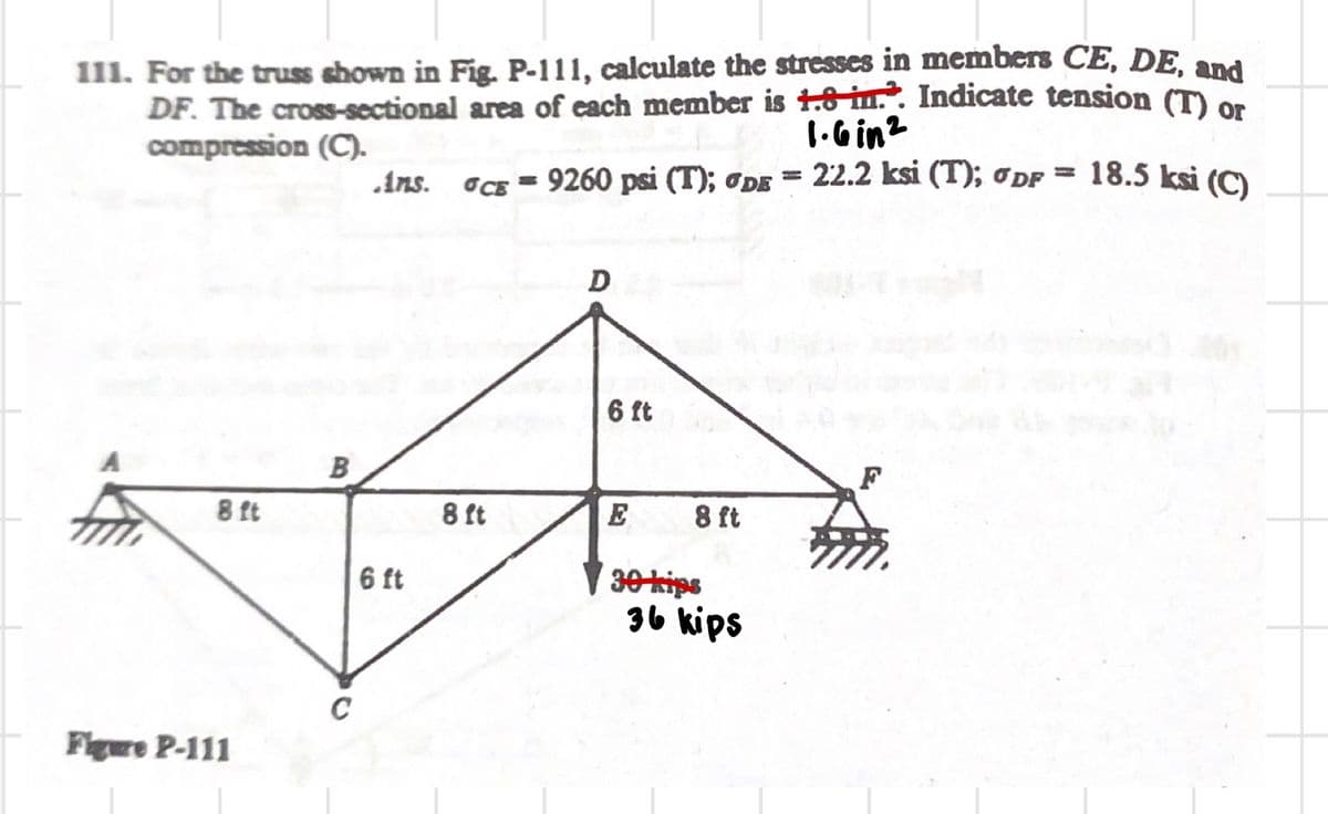 111. For the truss shown in Fig. P-111, calculate the stresses in members CE, DE, and
DF. The cross-sectional area of cach member is 1.8 in.. Indicate tension (T) or
compression (C).
1.6in2
.ins. OCE = 9260 psi (T); ODE = 22.2 ksi (T); O DF
18.5 ksi (C)
%3D
%3D
D
6 ft
B
F
8 ft
8 ft
8 ft
6 ft
30 kips
36 kips
C
Figure P-111
