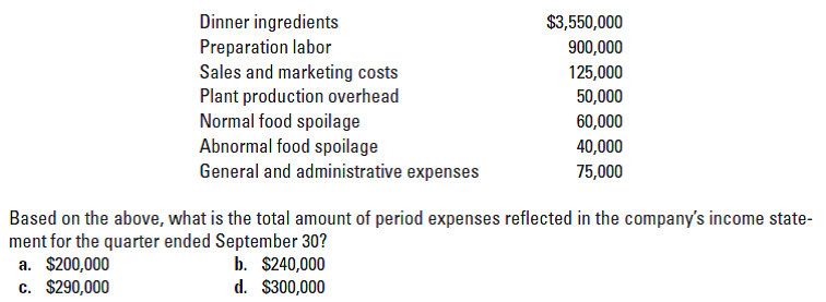 Dinner ingredients
Preparation labor
Sales and marketing costs
Plant production overhead
Normal food spoilage
Abnormal food spoilage
General and administrative expenses
$3,550,000
900,000
125,000
50,000
60,000
40,000
75,000
Based on the above, what is the total amount of period expenses reflected in the company's income state-
ment for the quarter ended September 30?
a. $200,000
c. $290,000
b. $240,000
d. $300,000
