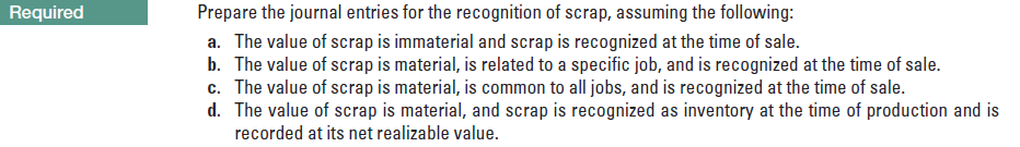 Prepare the journal entries for the recognition of scrap, assuming the following:
a. The value of scrap is immaterial and scrap is recognized at the time of sale.
b. The value of scrap is material, is related to a specific job, and is recognized at the time of sale.
c. The value of scrap is material, is common to all jobs, and is recognized at the time of sale.
d. The value of scrap is material, and scrap is recognized as inventory at the time of production and is
recorded at its net realizabe value.
Required
