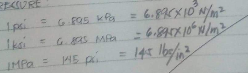 RESSURE
1psi = 6.895 kPg
кра
= 6.895
MPa
мра
IMPa =
145 pc....
= 6.896X10 N/m²
= 6.895X. 10° x1 /m²
14.5 165/in3
