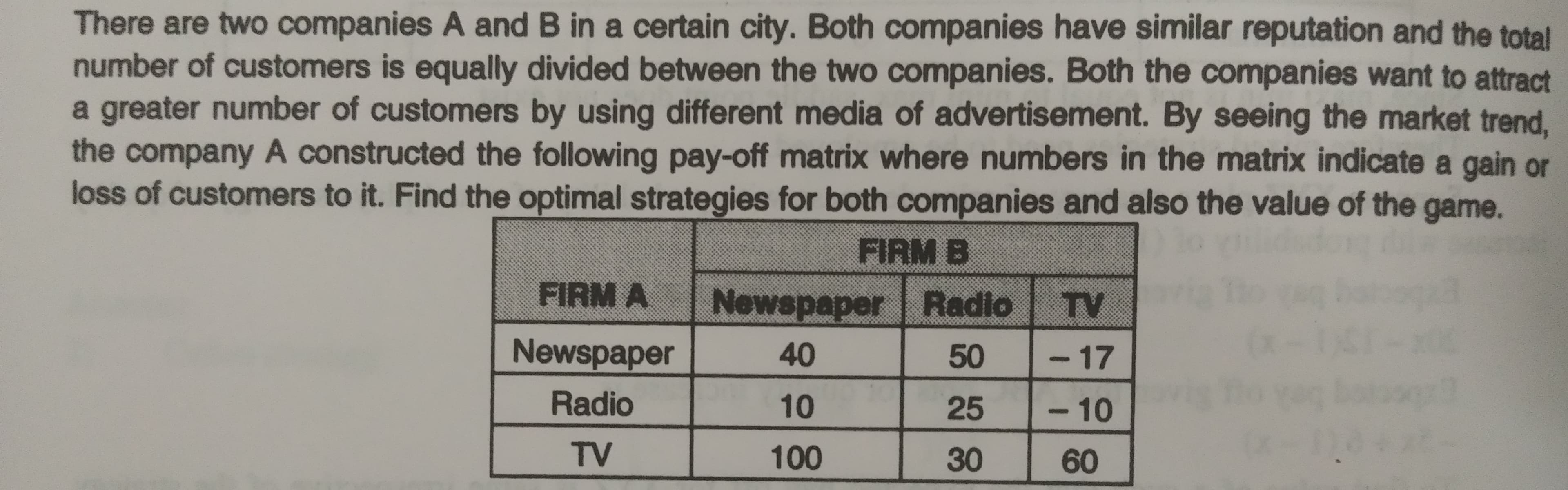 There are two companies A and B in a certain city. Both companies have similar reputation and the total
number of customers is equally divided between the two companies. Both the companies want to attract
a greater number of customers by using different media of advertisement. By seeing the market trend,
the company A constructed the following pay-off matrix where numbers in the matrix indicate a gain or
loss of customers to it. Find the optimal strategies for both companies and also the value of the game.
FIRM B
FIRM A
Newspaper | Radio
TV
Newspaper
40
50
- 17
Radio
10
25
-10
TV
100
30
60
