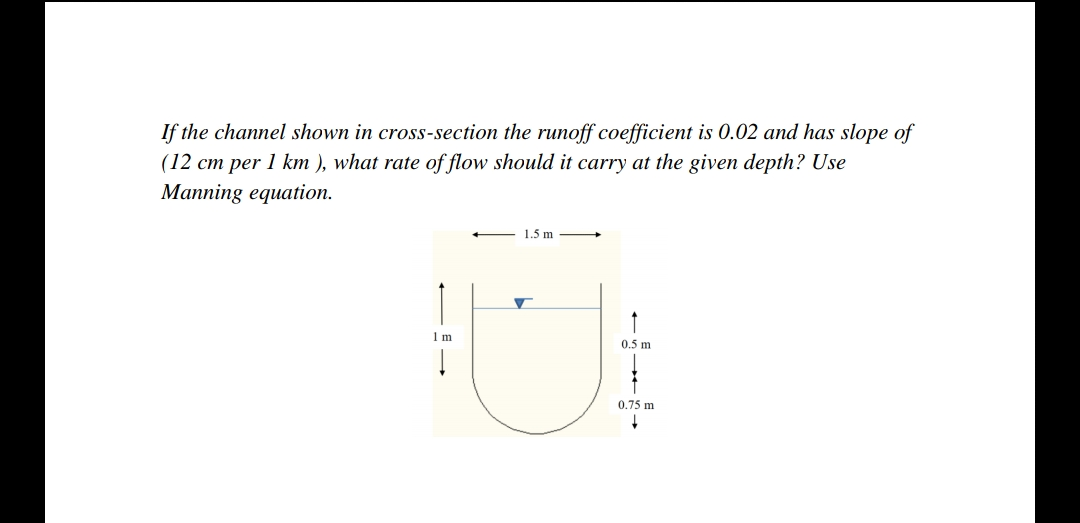 If the channel shown in cross-section the runoff coefficient is 0.02 and has slope of
(12 cm per 1 km ), what rate of flow should it carry at the given depth? Use
Manning equation.
1.5 m
1m
0.5 m
0.75 m
