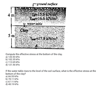 Fground surface
Y-15.6 kN/m
Year-16.6 KN/m
4 m
waler table
Clay
5 m
Y=17,8 kN/m
Compute the effective stress at the bottom of the clay.
a) 120.53 kPa
b) 102.35 kPa
e) 112.65 kPa
d) 121.56 kPa
If the water table rises to the level of the soll surface, what is the effective stress at the
bottom of the clay?
a) 66.55 kPa
b) 78.11 kPa
c) 67.11 kPa
d) 48.19 kPa
