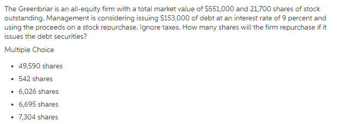 The Greenbriar is an all-equity firm with a total market value of $551,000 and 21,700 shares of stock
outstanding. Management is considering issuing $153,000 of debt at an interest rate of 9 percent and
using the proceeds on a stock repurchase. Ignore taxes. How many shares will the firm repurchase if it
issues the debt securities?
Multiple Choice
• 49,590 shares
• 542 shares
6,026 shares
6,695 shares
7,304 shares
