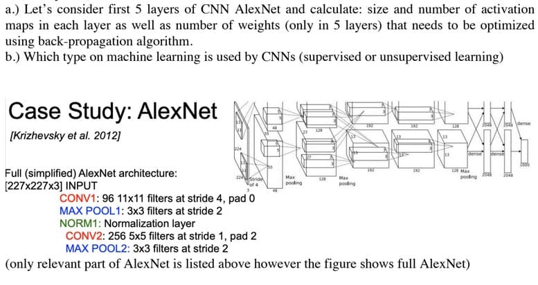 a.) Let's consider first 5 layers of CNN AlexNet and calculate: size and number of activation
maps in each layer as well as number of weights (only in 5 layers) that needs to be optimized
using back-propagation algorithm.
b.) Which type on machine learning is used by CNNs (supervised or unsupervised learning)
Case Study: AlexNet
[Krizhevsky et al. 2012]
Full (simplified) AlexNet architecture:
[227x227x3] INPUT
224Stride
Max
pooling
27
128
128
Max
pooling
192
192
192
128
dense dense
128 Max
pooling
2048 25 dense
CONV1: 96 11x11 filters at stride 4, pad 0
MAX POOL1: 3x3 filters at stride 2
NORM1: Normalization layer
CONV2: 256 5x5 filters at stride 1, pad 2
MAX POOL2: 3x3 filters at stride 2
(only relevant part of AlexNet is listed above however the figure shows full AlexNet)
2048 2048
1000