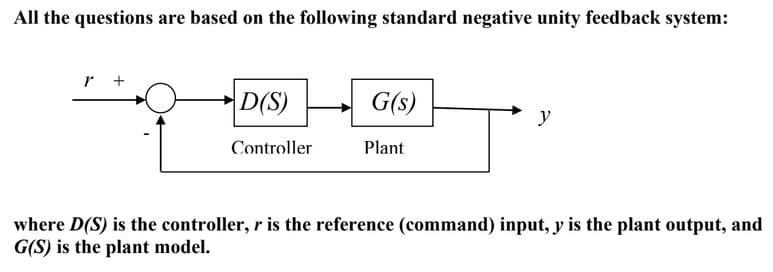 All the questions are based on the following standard negative unity feedback system:
r +
D(S)
Controller
G(s)
Plant
y
where D(S) is the controller, r is the reference (command) input, y is the plant output, and
G(S) is the plant model.