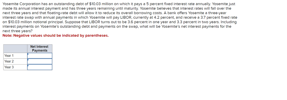 Yosemite Corporation has an outstanding debt of $10.03 million on which it pays a 5 percent fixed interest rate annually. Yosemite just
made its annual interest payment and has three years remaining until maturity. Yosemite believes that interest rates will fall over the
next three years and that floating-rate debt will allow it to reduce its overall borrowing costs. A bank offers Yosemite a three-year
interest rate swap with annual payments in which Yosemite will pay LIBOR, currently at 4.2 percent, and receive a 3.7 percent fixed rate
on $10.03 million notional principal. Suppose that LIBOR turns out to be 3.6 percent in one year and 3.3 percent in two years. Including
interest payments on Yosemite's outstanding debt and payments on the swap, what will be Yosemite's net interest payments for the
next three years?
Note: Negative values should be indicated by parentheses.
Year 1
Year 2
Year 3
Net Interest
Payments