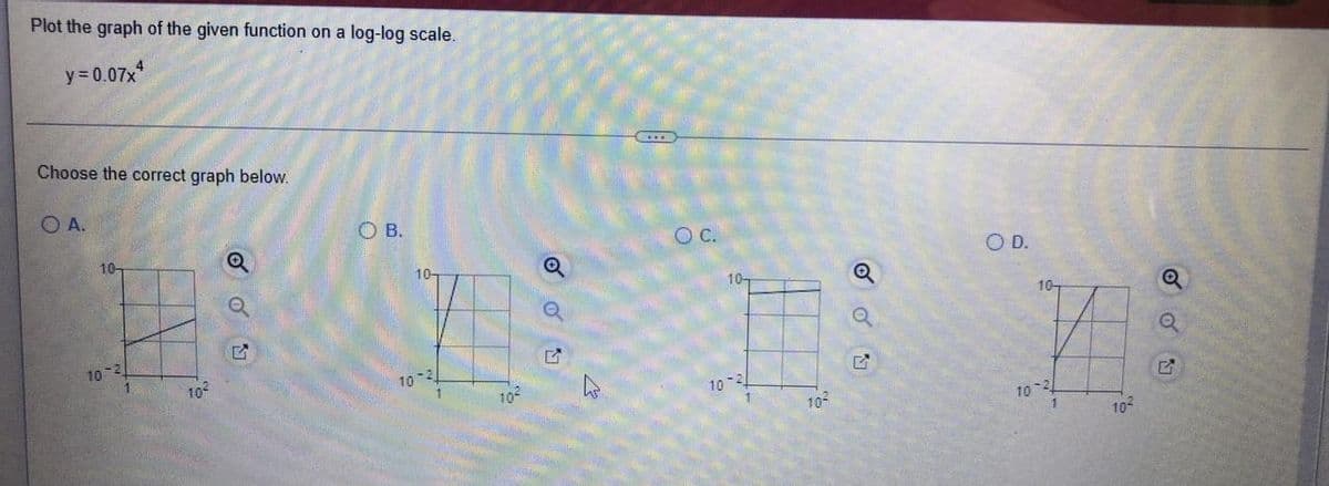 Plot the graph of the given function on a log-log scale.
y 0.07x
Choose the correct graph below.
O A.
O B.
O D.
10-
10-
10-2
102
10-2
10-2
10-
10-2
10
