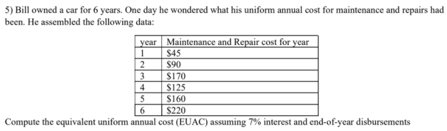 5) Bill owned a car for 6 years. One day he wondered what his uniform annual cost for maintenance and repairs had
been. He assembled the following data:
year | Maintenance and Repair cost for year
$45
$90
1
2
3
$170
$125
$160
$220
4
Compute the equivalent uniform annual cost (EUAC) assuming 7% interest and end-of-year disbursements

