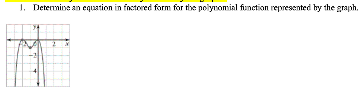 1. Determine an
equation in factored form for the polynomial function represented by the graph.
2
